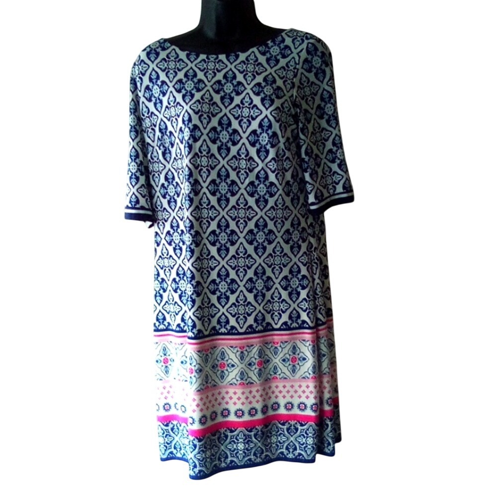 Eliza‎ J Blue White Pink Geometric Tile Print Shift Dress Gold Back Zip Size 12